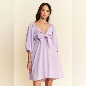 Davi & Dani Self-Tie Puff Sleeve Smocking Open Back Mini Dress